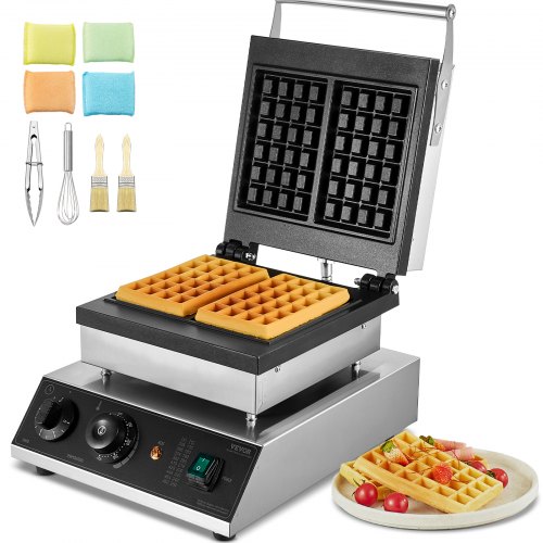 VEVOR Commercial Waffle Maker, 2PCS Rectangle Waffle Baker Machine, 2000W Non-Stick Stainless Steel Belgian Waffle Iron with Temp and Time Control, Handle, for Restaurant Bakery Snack Bar Family