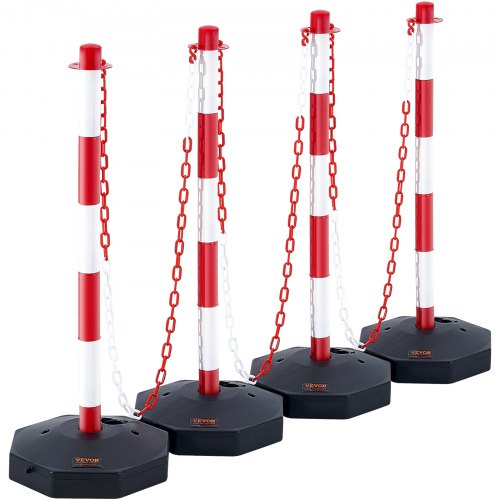 VEVOR Adjustable Traffic Delineator Post Cones, 4 Pack, Traffic Safety Delineator Barrier with Fillable Base 2.44 m Chain, for Traffic Control Warning Parking Lot Construction Caution Roads, Red & White