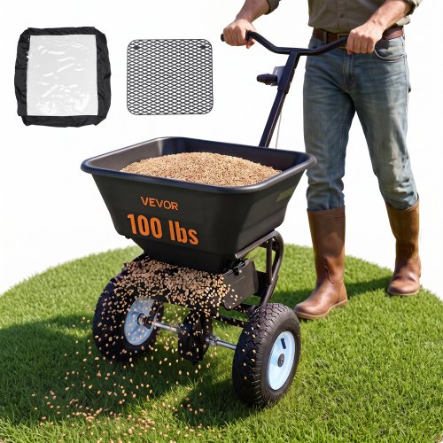 VEVOR Lawn Spreader, 100LBS Capacity, Walk-Behind Push Spreader, 0-9.8ft Spreading Width, 13 in All Terrain Pneumatic Tires, Fertilizer Spreaders with Hopper Grate, for Seed Salt Ice Melt