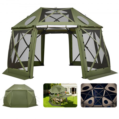 VEVOR Pop up Gazebo Screen Tent, 3.96 x 3.96 m, 13-Sided Spherical Camping Canopy Tent with Removable Top & Carry Bag, Quick-Set & Bite-Proof, Screen House Sun Shelter for 10-12 Persons, Green
