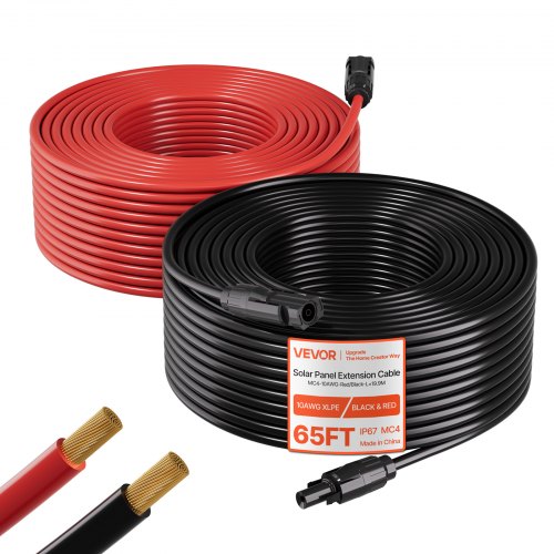 VEVOR Solar Panel Extension Cable, 19.81M Black + 19.81M Red, 10 AWG (6 mm²), Solar Panel Wire with Female and Male Connectors, IP67 Waterproof PV Tinned Copper Wire, for Outdoor Photovoltaic Systems