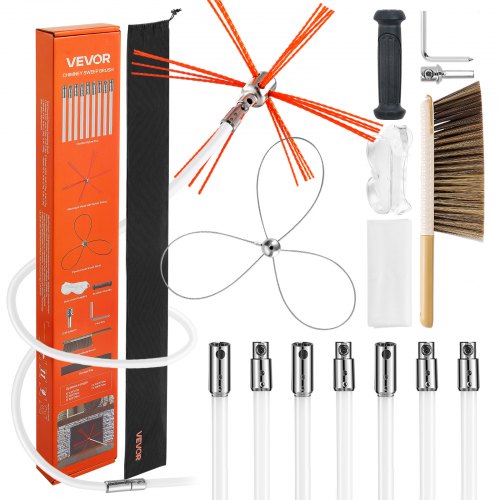 VEVOR Chimney Sweep Kit, 7m Maximum Extendable Length Chimney Brush, Chimney Cleaner Sweeper with Dual Brush Heads, Brush & Goggles, Fireplace Cleaning Tool for Square, Rectangle, Arch Chimneys