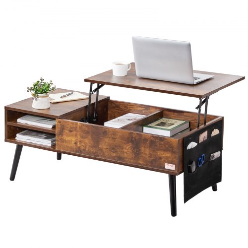 VEVOR Lift Top Coffee Table, 39.4 in Rectangle Coffee Table with Extra Storage Pockets, Pop Up Coffee Table for Living Room, Brown
