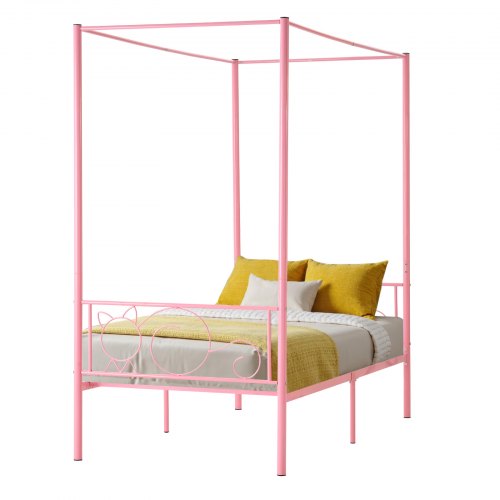 VEVOR Twin Size Canopy Bed Frame, Metal Canopy Bed with Minimalist Headboard & Four Posters Design, Heavy Duty Steel Slats Support, Underbed Storage Space, No Box Spring Needed, Easy Assembly, Pink