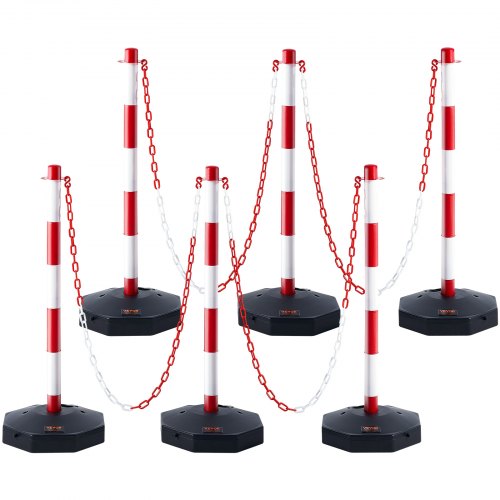 VEVOR Adjustable Traffic Delineator Post Cones, 6 Pack, Traffic Safety Delineator Barrier with Fillable Base 2 m Chain, for Traffic Control Warning Parking Lot Construction Caution Roads, Red & White