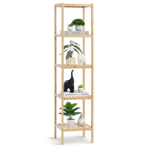 VEVOR 5-Tier Bathroom Standing Shelf, Narrow Shelving Unit, Display Storage Rack Organizer, Freestanding Flower Plant Stand, Multifunctional Bamboo Shelf Ideal for BathRoom, Kitchen, Home, Natural
