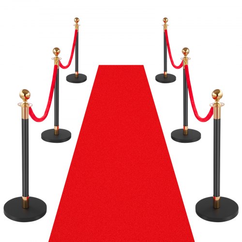 VEVOR Stanchion Post, 6 Pcs Crowd Control Barrier Set with Red Carpet, 4 Red Velvet Ropes, Stainless Steel Gold Stanchion Post Queue with Hollow Base for Theater, Party, Wedding, Exhibition (Black)