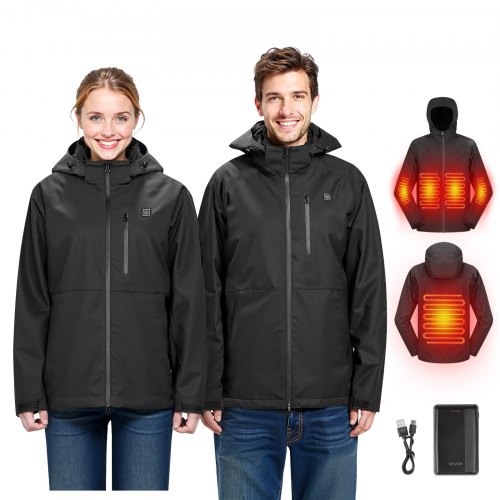 VEVOR Heated Jacket for Men with 7.4V Battery, Soft Shell Electric Heating Coat, Windproof Waterproof Lightweight Outerwear with 5 Heating Zones & 3 Heat Settings, Machine Washable