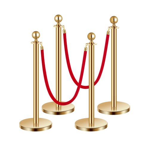 VEVOR Stanchion Post, 4 Pcs Crowd Control Barrier Set with 2 Red Velvet Ropes, 5 ft Stainless Steel Gold Stanchion Post Queue with Sand Injection Hollow Base for Theater, Party, Wedding, Exhibition