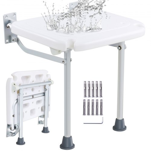 VEVOR Folding PE Shower Seat, 15.7'' x 14.8'' Unfolded, Wall Mounted Fold Up Shower Bench with 500 lbs Load Capacity, Space Saving Fold Down Shower Chair for Seniors Pregnant Women Children Adults