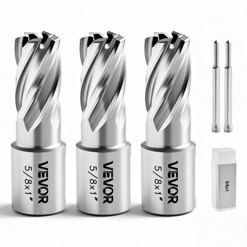 VEVOR Annular Cutter Set, 5 pcs Weldon Shank Mag Drill Bits Kit, 25.4 mm Cutting Depth, 15.87 mm Cutting Diameter, HSS, 3 Drill Bits with 2 Pilot Pins and 3 Plastic Cases, for Magnetic Drills, Steel