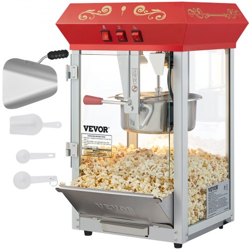 VEVOR Popcorn Maker, 850W Popcorn Popper Machine, 8 Oz Kettle Makes 48 Cups per Batch, Countertop Popcorn Maker with Tempered Glass, Includes 4 Scoops, Movie Theater Style, Red