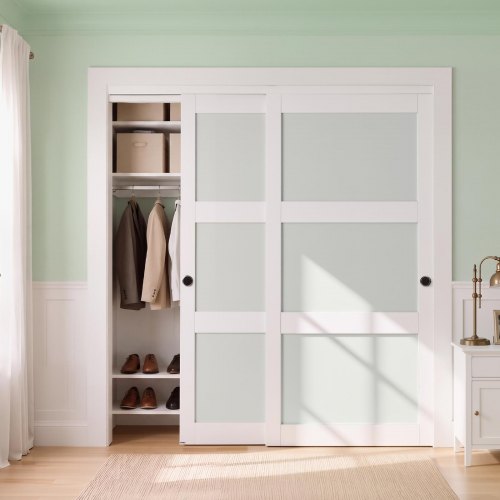 VEVOR Sliding Closet Door, 1829mm (Double 940mm) x 2032 mm, 3-Lite Frosted Glass Bypass Sliding Doors with Hardware Kit, Solid Wood & MDF Slab with Water-Proof PVC Surface for Closets Bedrooms