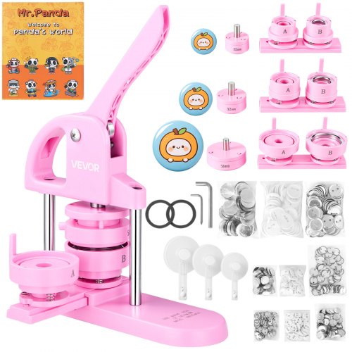 VEVOR Button Maker, 1/1.25/2.28 inch(25/32/58mm) 3-IN-1 Pin Maker, 300pcs Button Parts, Button Maker Machine with Panda Magic Book, Ergonomic Arc Handle Punch Press Kit, For Children DIY Gifts, Pink