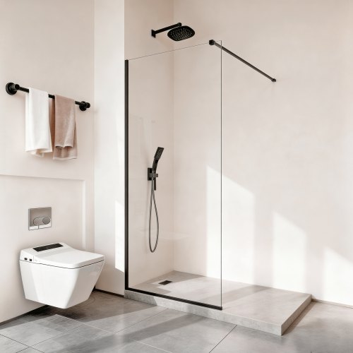 VEVOR Fixed Glass Shower Panel, 864 x 1870 mm Semi-Framed Fixed Shower Screen, 8 mm Thick Clear Tempered Glass Door with Bottom Seal Strip and Hardware, Easy to Clean, for Bathroom, Matte Black