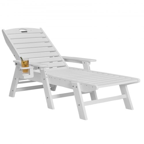 VEVOR Chaise Lounge Chair, 181 kg Weight Capacity, 6 Positions Adjustable Patio Lounge Chair, Outdoor HDPE Lounge Chair with Backrest & Cup Holder, for Pool Poolside Deck Backyard Lawn, White