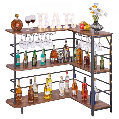 VEVOR Home Bar Unit, L-Shaped Wine Bar Cabinet Table 3-Tier with Storage Shelves, Adjustable Foot Pads, LED Light, Walnut Finish & Metal Frame Liquor Cabinet for Home, Kitchen,Living Room,Pub,Basement