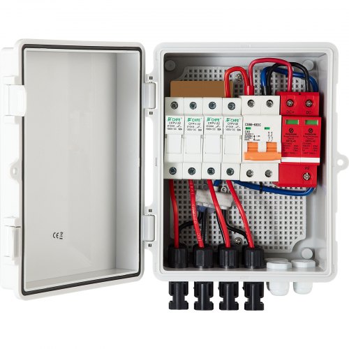 VEVOR PV Combiner Box, 4 String, Solar Combiner Box with 15A Rated Current Fuse, 63A Circuit Breaker, Lightning Arreste and Solar Connector, for On / Off Grid Solar Panel System, IP65 Waterproof 17 x 23 x 11 cm