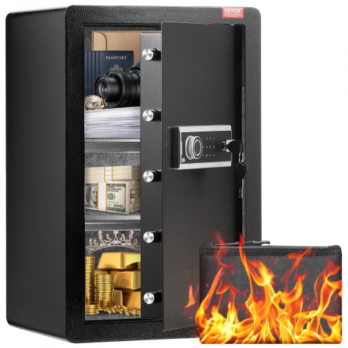 VEVOR Single Door 99 L Safe Box with Key Lock & Password, Safe Lock Box with Fireproof Bag, Key Rack, LED Light, and 2 Shelves for Money, Documents, Jewelry, and Valuables, Black
