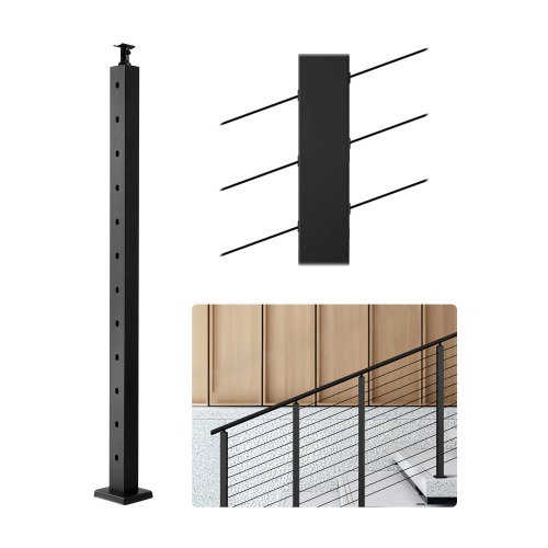 VEVOR Cable Railing Post, 42x1x2 Inch Stair Railing Post, with Pre-Drilled 30° Angled Holes, Stainless Steel Cable Rail Post with Horizontal and Curved Bracket, 1-Pack, Black, 1JZLGZXHS106VRA3X001V0