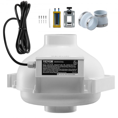 VEVOR 4 to 4.5 inch Radon Fan Installation Kit, Quiet 190CFM Radon Mitigation Fan System Kit with 2 Couplers, Pressure Indicator, Waterproof Inline Duct Fan Exhaust Fan for Indoor Outdoor Ventilation