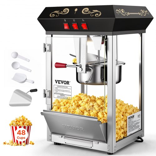 VEVOR Popcorn Maker, 850W Popcorn Popper Machine, 8 Oz Kettle Makes 48 Cups per Batch, Countertop Popcorn Maker with Tempered Glass, Includes 4 Scoops, Movie Theater Style, Black