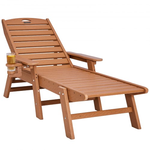 VEVOR Chaise Lounge Chair, 181 kg Weight Capacity, 6 Positions Adjustable Patio Lounge Chair, Outdoor HDPE Lounge Chair with Backrest & Cup Holder, for Pool Poolside Deck Backyard Lawn, Brown