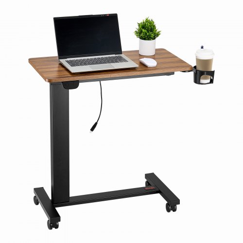 VEVOR Overbed Table, Mobile Bed Side Table with 4 Wheels, Electric Lifting with Upgrade Button, Rolling Laptop Desk with Cup Holder, Height Adjustable Overbed Desk for Home, Office, Study, Wood+Black