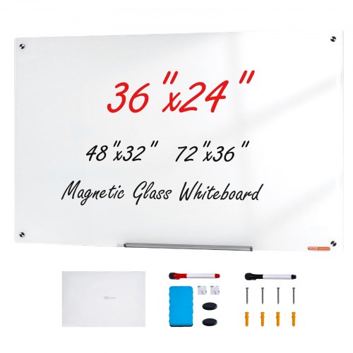 VEVOR Magnetic Glass Whiteboard, Dry Erase Board 900 x 600 mm, Wall-Mounted Large White Glassboard Frameless, with Marker Tray, an Eraser and 2 Markers, White