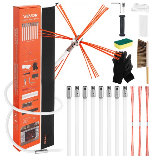 VEVOR Chimney Sweep Kit, 8m Maximum Extendable Length Chimney Brush, Chimneys Cleaning Kit with Bristle Replacements & Goggles, 90° Bendable Fireplace Cleaning Tool, for Square, Rectangle Chimneys