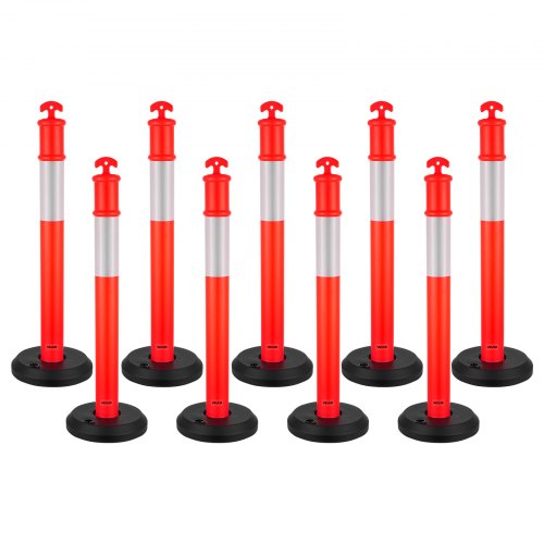 VEVOR 9 Pack Traffic Delineator Posts, 1140 mm Traffic Safety Cones with Fillable Base and Reflective Strips, Heavy Duty Delineator Posts for Construction Site, Parking Lot, Crowd Control, Red