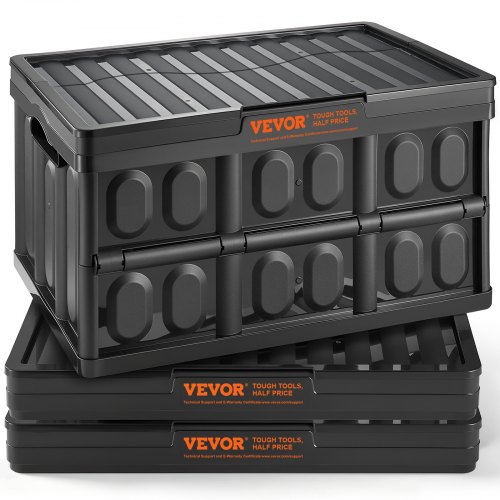 VEVOR Collapsible Storage Bins with Lids, 45L 3 Packs, Folding Plastic Stackable Utility Crates with Handles, Large Heavy Duty Containers for Clothes, Toys, Books, Snack, Shoes, and Grocery Organizing