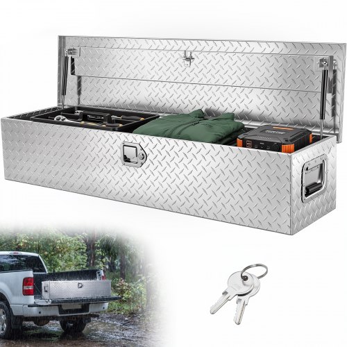 VEVOR Heavy Duty Aluminum Truck Bed Tool Box, Diamond Plate Tool Box with Side Handle and Lock Keys, Storage Tool Box Chest Box Organizer for Pickup, Truck Bed, RV, Trailer, 121.9x38.1x38.1 cm, Silver
