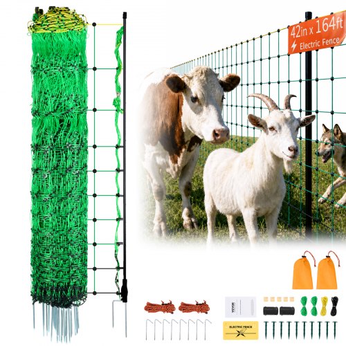 VEVOR Electric Fence Netting, 1.06 x 49.98 m, PE Net Fencing with Posts & Double-Spiked Stakes, Utility Portable Mesh for Goats, Sheep, Lambs, Deer, Hogs, Dogs, Used in Backyards, Farms, and Ranches