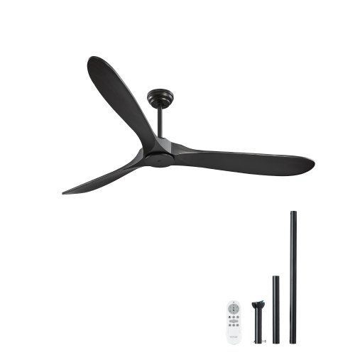 VEVOR 72 Inch Ceiling Fan without Light, 6-Speed Remote Control, 3-Wood-Blade, Reversible DC Motor, Modern Low Profile Flush Mount Exterior Fan for Bedroom, Living Room, Patio, Indoor/Outdoor, Black