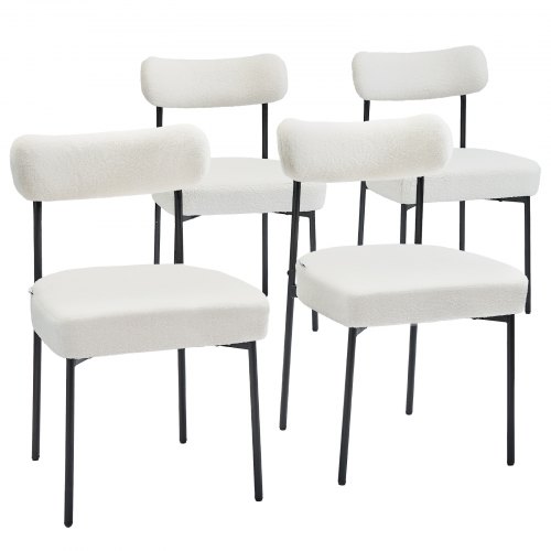 VEVOR Boucle Dining Chairs Set of 4, Mid Century Modern Sherpa Accent Chairs, Upholstered Side Chair for Dining Table, Space-Saving White Kitchen Table Chair with Curved Backrest and Black Metal Legs