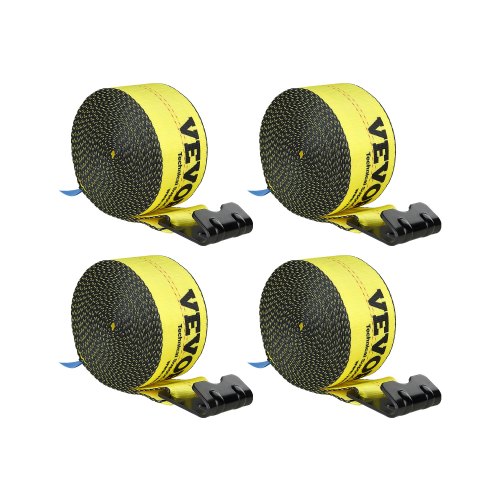 VEVOR Winch Straps, 10.2 cm x 9.1 m, 2722 kg Load Capacity, 8165 kg Break Strength, Truck Straps with Flat Hook, Flatbed Tie Downs Cargo Control for Trailers, Farms, Rescues, Tree Saver, Yellow (4 Pack)