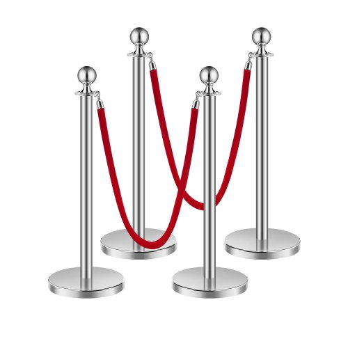 VEVOR Stanchion Post, 4 Pcs Crowd Control Barrier Set with 2 Red Velvet Ropes, 5 ft Stainless Steel Silver Stanchion Post Queue with Sand Injection Hollow Base for Theater, Party, Wedding, Exhibition