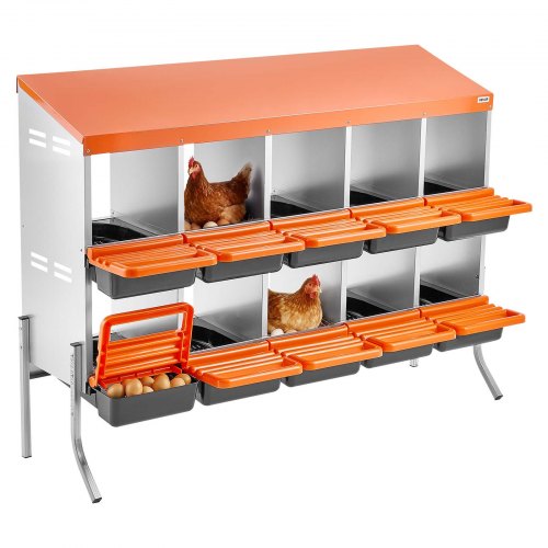 VEVOR Chicken Nesting Boxes, 10 Compartments, with Support Legs, Easy Egg Collection, Galvanized Steel and High-Strength Plastic, Roll Away Nesting Boxes for Chickens and Hens Laying Eggs, Orange