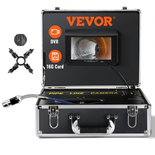 VEVOR Sewer Camera, 165 ft/50 m, 7" Screen Pipeline Inspection Camera with DVR Function, Waterproof IP68 Camera, 12pcs Adjustable LED, with a 16 GB SD Card for Sewer Line, Duct Drain Pipe Plumbing