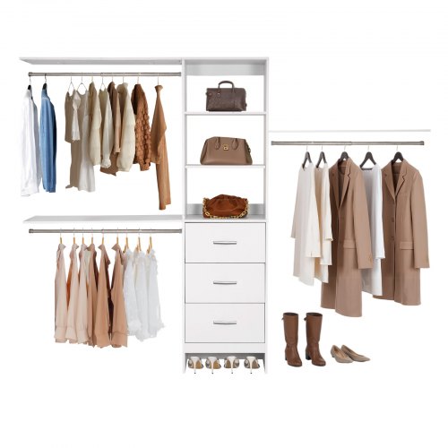 VEVOR Closet System with 3 Drawers, Adjustable Height Wooden Closet Organizers, Modern Walk-in Wardrobe Organization with 3 Retractable Clothes Hanger Rods, Freestanding Garment Rack Storage, White