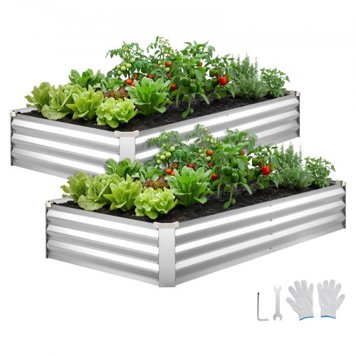 VEVOR 2 Pack Galvanized Raised Garden Beds, 180 x 90 x 30 cm, Rectangular Metal Planter Boxes Kit Outdoor, Bottomless Elevated Planting Box with Gloves, Alu-Zinc, for Growing Flowers Vegetables, Silver
