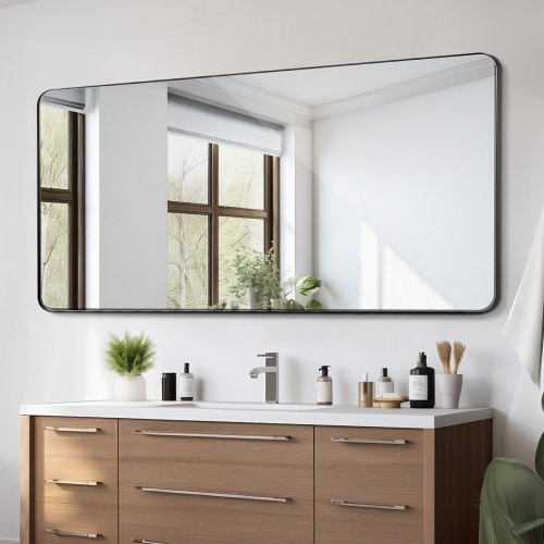VEVOR Wall Mounted Makeup Mirror, 0.15" Thick, 36" x 72" Mirror with Aluminium Alloy Frame & Explosion-Proof Film, Scratch-Resistant Mirror with Z-Shaped Bracket, Fit for Bathroom/Bedroom/Living Room