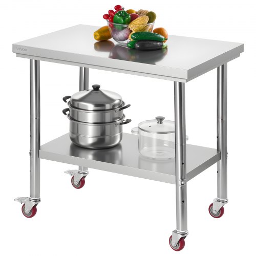 VEVOR Stainless Steel Table, 60 x 90 cm Food Prep Worktable with Wheels, Kitchen Prep Table with Adjustable Undershelf Workstations for Commercial Kitchen, Restaurant, Hotel and Garage, Outdoor