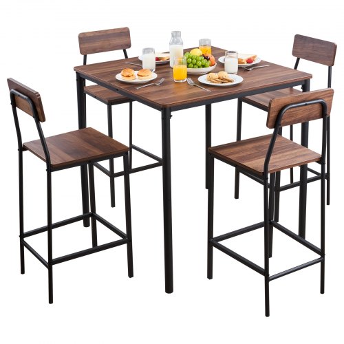 VEVOR Bar Table, 5PCS 889mm Bars Tables Set, Bar Tables and Chair Set with Rounded Edge Design, Square Pub Table with Four Stools for Living Room, Dining Room, Kitchen, Walnut Color, Black