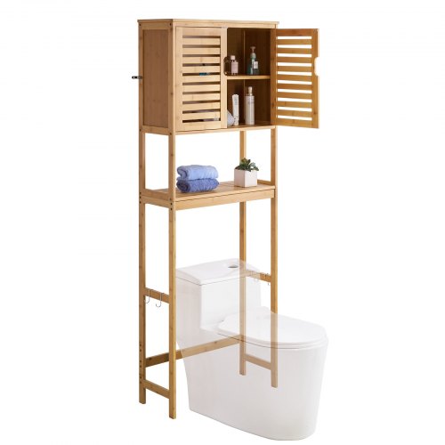 VEVOR Bamboo Over The Toilet Storage Cabinet, 175 cm Height Bathroom Storage Organizer with Double Door & Inner Adjustable Shelf, Bathroom Space Saver Organizer Above Toilet with Open Shelf, Natural