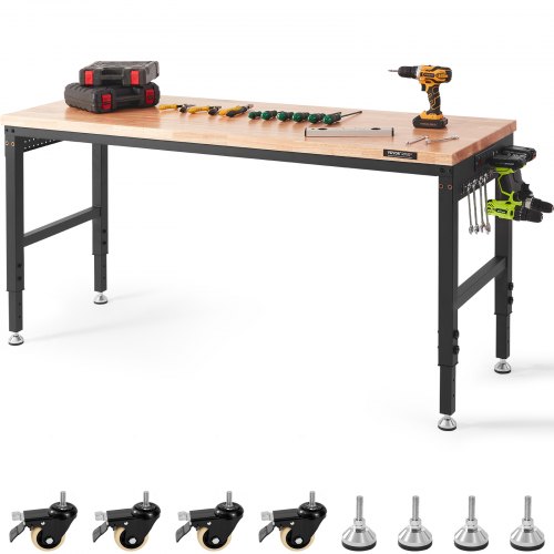 VEVOR Adjustable Workbench Work Table Top, Dimensions: 72" x 25" Adjustable Height: 28"-40" Max Load 3000lbs Table with Power Sockets Wooden Top for Office Home Garage