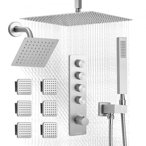 VEVOR Shower Faucet Set, 406 mm Thermostatic Ceiling Mount Rainfall Shower System with 152 mm Wall Mount Head, 6 Body Jets and Handheld Spray, Dual Rain Head Brass Valve and Trim Kit, Brushed Nickel