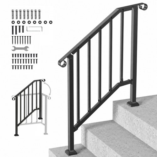 VEVOR Handrails for Outdoor Steps, 2-3 Step Stair Hand Rail Kit, Transitional Carbon Steel Railings with Installation Kit, Stair Rails for Seniors, Concrete Steps & Porch & Deck, Black Retro Arch