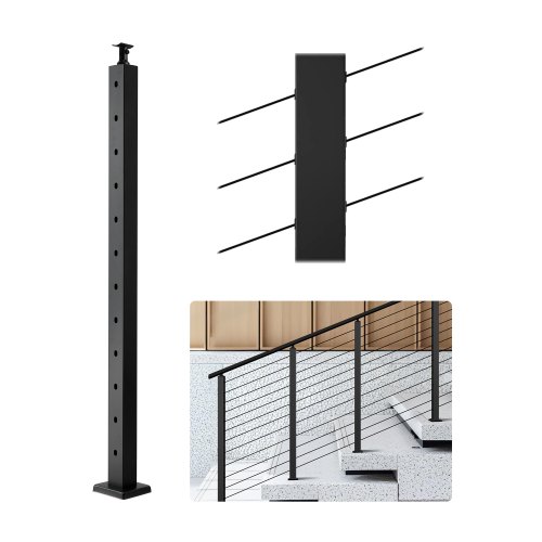 VEVOR Cable Railing Post, 42x2x2 Inch Stair Railing Post, with Pre-Drilled 30° Angled Holes, Stainless Steel Cable Rail Post with Horizontal and Curved Bracket, 1-Pack, Black, 1JZLGZXHS106W3XAA001V0